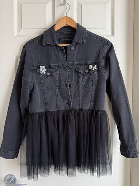 Zara Woman Embellished Denim Peplum Jacket with Tulle Hem | Statement Jacket